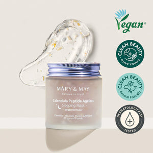 MARY & MAY Calendula Peptide Ageless Sleeping Mask in a translucent jar with gold lid, vegan and clean beauty certifications displayed.