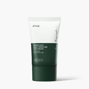 Product shot of Anua Heartleaf Silky Moisture Sunscreen SPF 50+ with clean and minimalist packaging design.