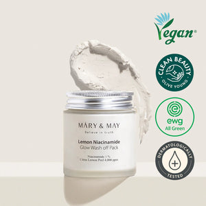 Open jar of MARY & MAY Lemon Niacinamide Glow Wash Off Pack with certifications for Vegan and EWG All Green, ensuring clean beauty standards.
