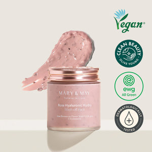 MARY & MAY Rose Hyaluronic Hydra Wash Off Pack jar with a swipe of rose clay mask, vegan and clean beauty certifications clearly visible.