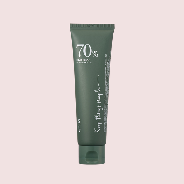 dark green tube that says brand name anua and 70% heartleaf mild cream mask