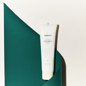 Aromatica soothing aloe aqua cream in tube with green and white background