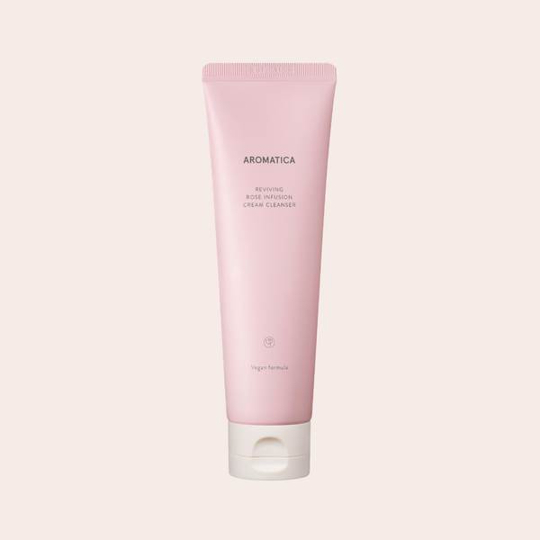 Light pink tube packaging of Aromatica Reviving Rose Infusion Cream Cleanser