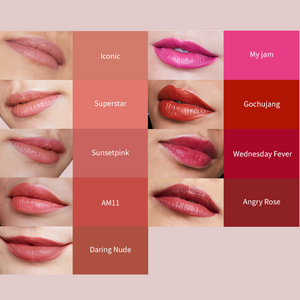 Nine different color swatches of yulip creamy lipsticks